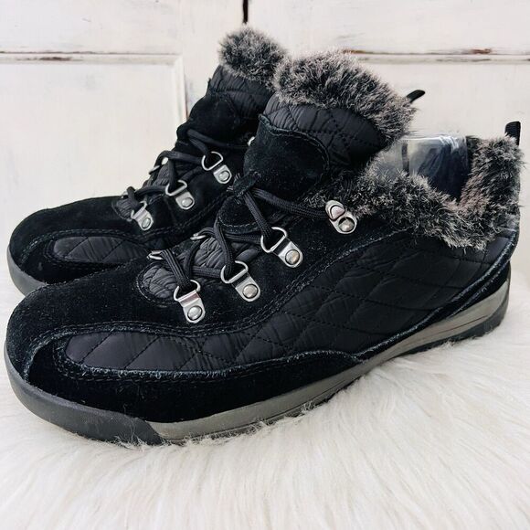 Lands End Black Quilted & Suede Fur Lined Powder Belle Insulated Shoes Womens 10 - Picture 1 of 8